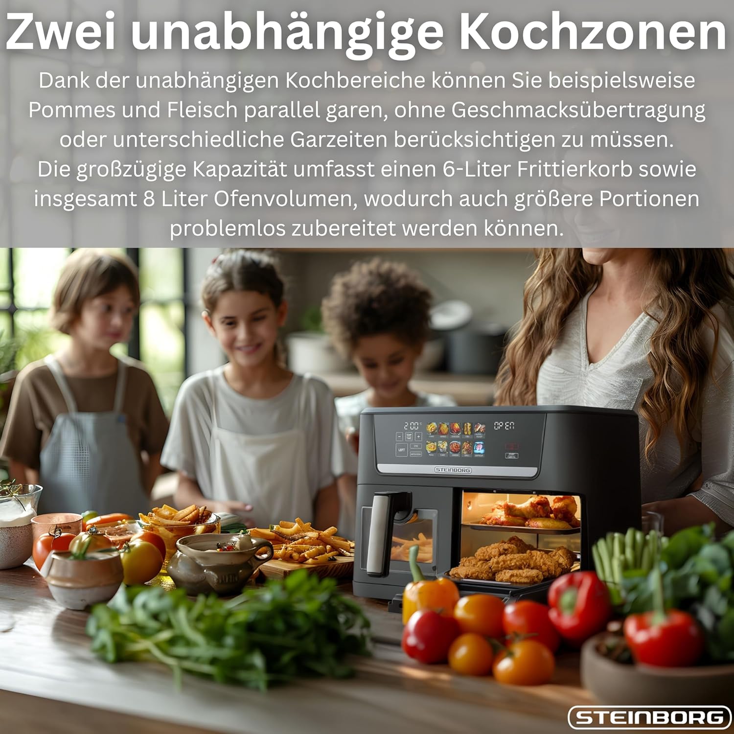 Steinborg® XXL Heißluftfritteuse, Dual-Zone, 14 Liter (8 l + 6 l), Luftfritteuse 1700 W mit 2 Kammern und 2 unabhängigen Kochzonen, Digitalanzeige, 10 Programme, 60–200 °C, Ölfrittierkorb, spülmaschinenfester Korb – Bild 3