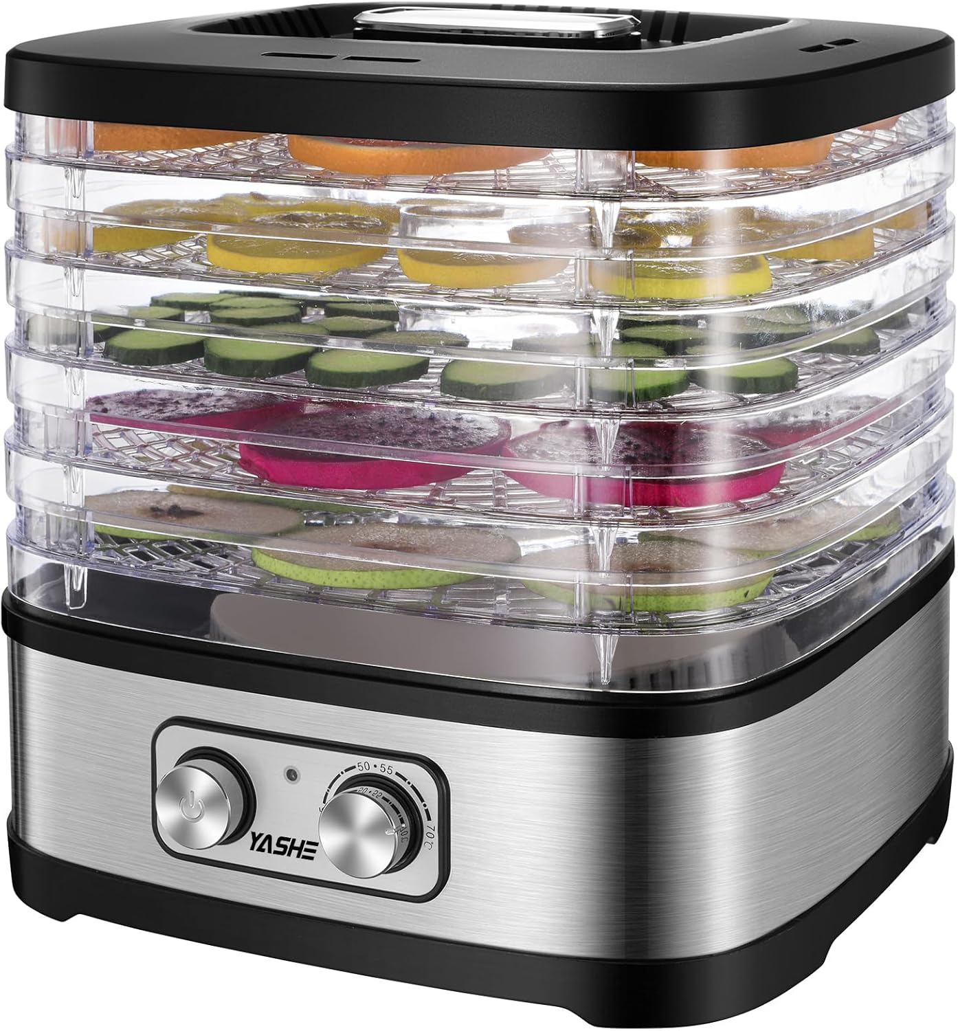 YASHE GGJ-261A Dörrgerät mit 5 höhenverstellbaren Tabletts, Temperaturregelung von 35–70 °C, 240 Watt Dörrgerät für Obst und Gemüse, BPA-frei, Silber, transparent, schwarz