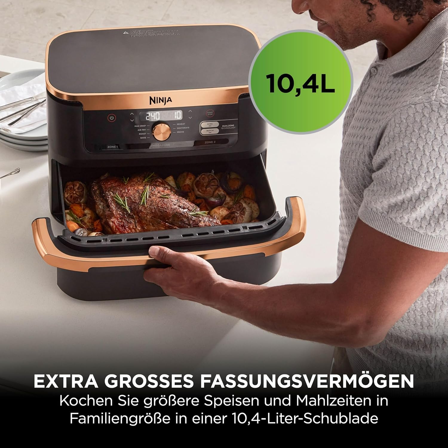 Ninja Foodi FlexDrawer Zweizonen-Heißluftfritteuse, Heißluftfritteuse mit 10,4 Fächern und abnehmbarem Separator, Antihaftbeschichtung, spülmaschinenfester Korb, 7-in-1, Schwarz und Kupfer, AF500EUCP – Bild 5