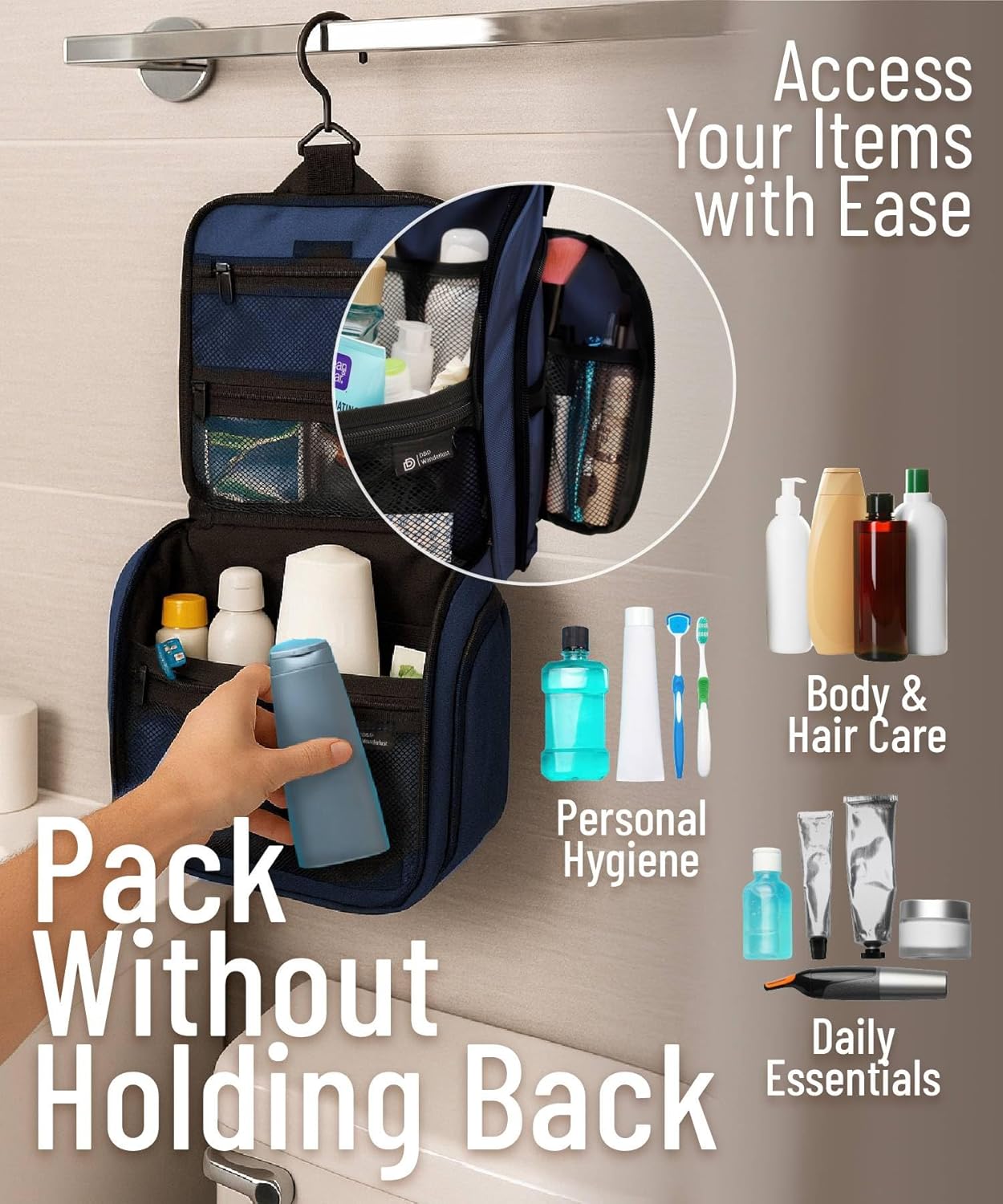 D&D – Hängende Kulturtasche – Designer-Reise-Make-up- und Toilettenartikel-Organizer für Männer und Frauen – Hängendes Kosmetik- und Toilettenzubehör-Etui mit drehbarem Metallhaken – Bild 5