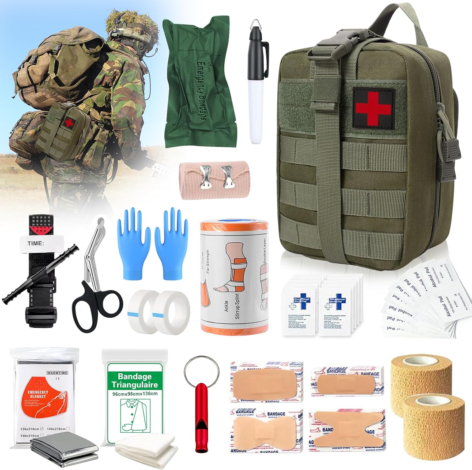 61-teiliges Outdoor-Erste-Hilfe-Set, Survival-Set, Erste-Hilfe-Set, Trauma-Erste-Hilfe-Tasche, Erste-Hilfe-Set Militär, Notfall-Trauma-Überlebensausrüstung, für Camping, Wandern, Radfahren, Klettern und Reisen – Bild 7