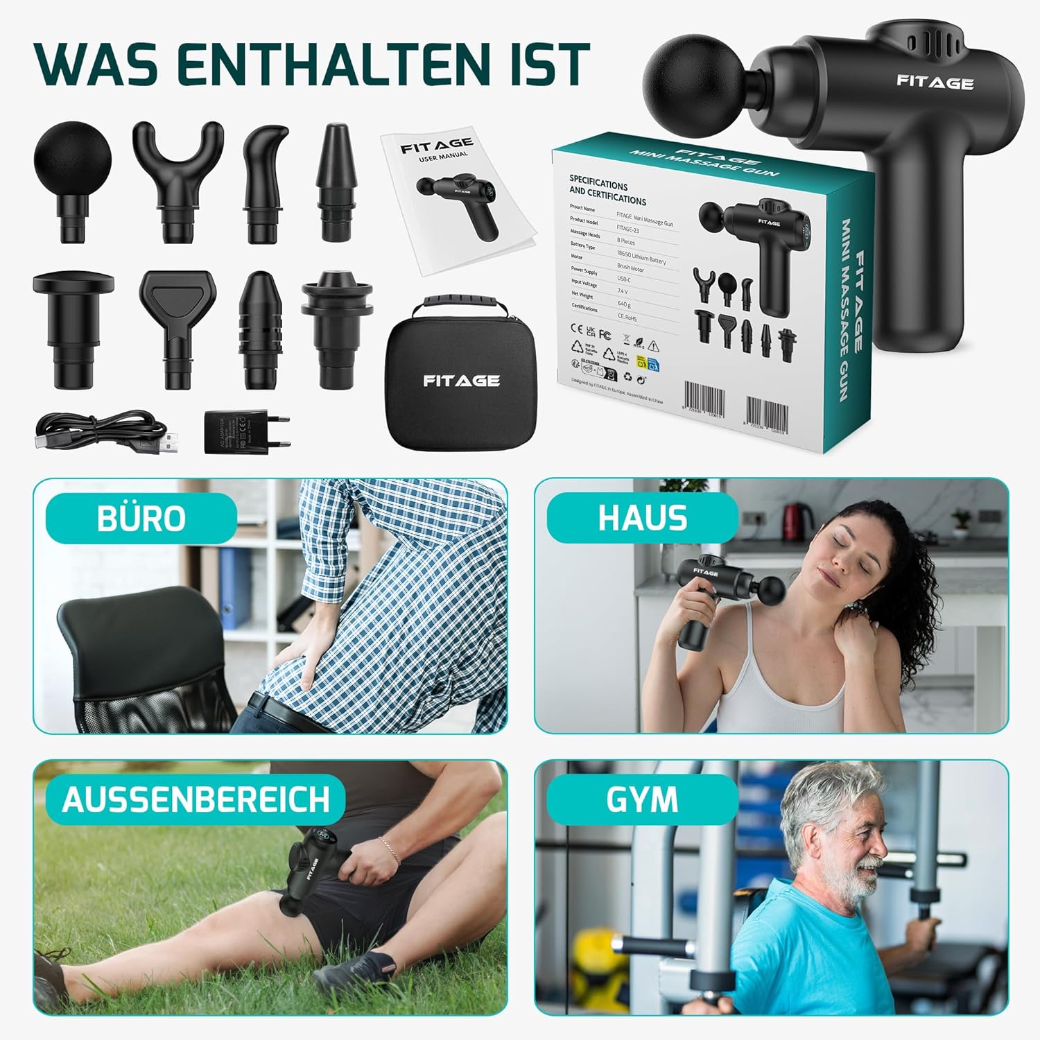 FITAGE Massagepistole, leises Massagegerät mit 30 einstellbaren Geschwindigkeitsstufen, Massagepistole, 8 Aufsätze für Tiefengewebe, Schulter, Rücken und Ganzkörperentspannung, Massagepistole – Mini – Bild 6