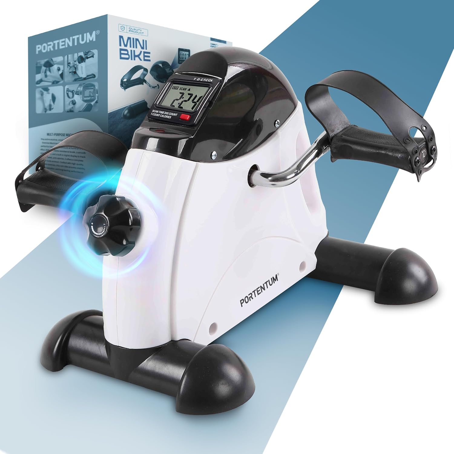 PORTENTUM Pedaltrainer für Senioren mit LCD-Display 6 Funktionen – Sitzender Beintrainer kompakt mit verstellbarem Widerstand und Tragegriff – tragbares Design als Mini-Heimtrainer für Zuhause