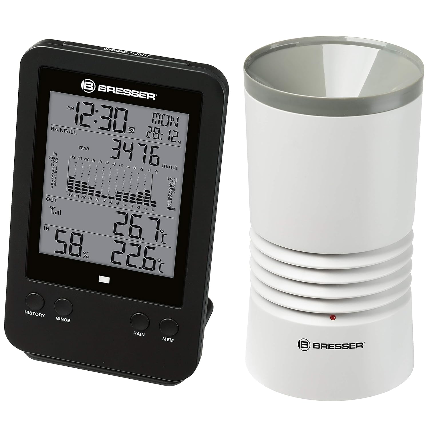 Bresser Wetterstation Funk mit Außensensor Professionelle Regenmessstation mit DCF-Funkuhr, Wecker mit Hintergrundbeleuchtung und Datenspeicherung von Minimal- und Maximalwerten