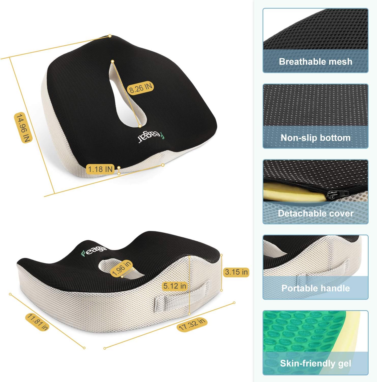 Feagar Gel-Sitzkissen, orthopädisches Memory-Schaum-Sitzkissen, ergonomisches Sitzkissen mit Gel für Bürostuhl, Auto, Rollstuhl, Steißbeinkissen, Stuhlkissen, Sitzkissen, Zuhause im Freien – Bild 3