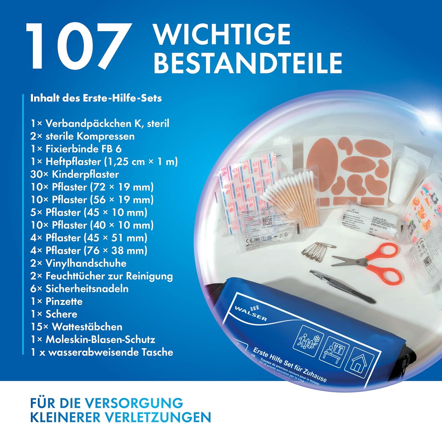 WALSER Premium Mini Erste-Hilfe-Set für zu Hause, wasserdichte Erste-Hilfe-Tasche 2026, handliches Notfallset mit 107 Teilen, kompaktes Erste-Hilfe-Set, Reiseapotheken-Set, Mini-Erste-Hilfe-Set, blau – Bild 4