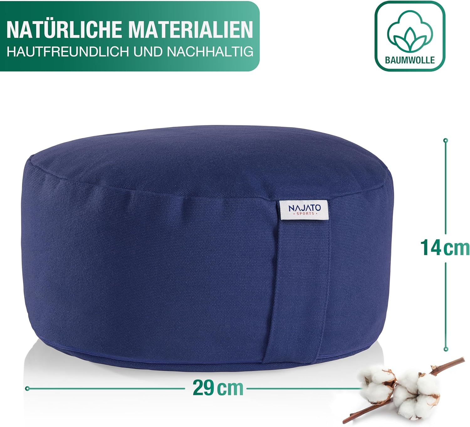 NAJATO Sports Meditationskissen – mit Yogagurt und E-Book – Yogakissen mit Buchweizenschalenfüllung – rundes Yogakissen mit waschbarem Baumwollbezug, blau – Bild 2