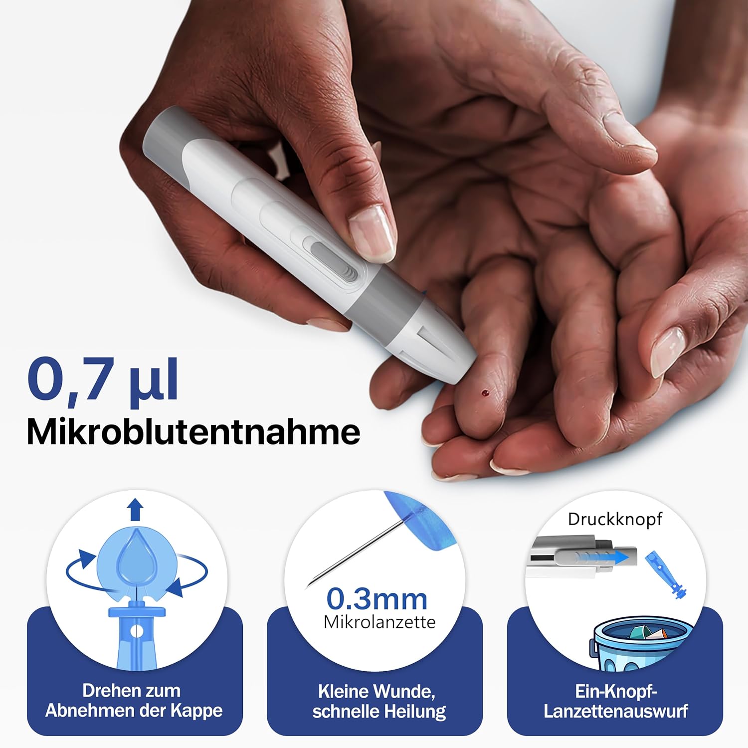 LinkSun G-425-2V Blutzuckermessgerät-Set, 100 Teststreifen, 100 Lanzetten, Blutzuckermessgerät, Stechhilfe, mmol/L & mg/dL – Bild 4