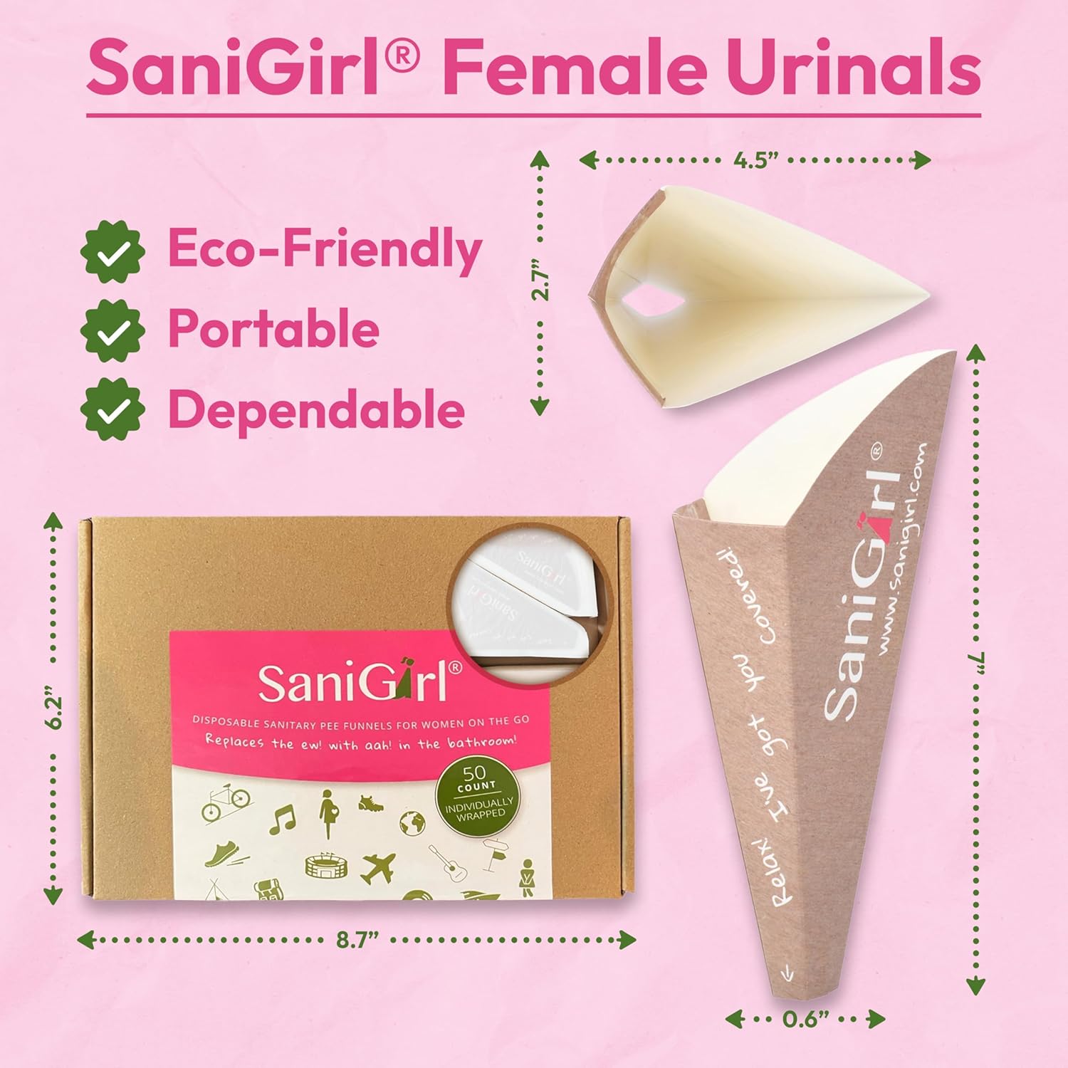 SaniGirl Urinella weibliches Uriniergerät, Einweg-Damenhygieneprodukte für Frauen, stehende Pinkelhilfe, Pinkel-Trichter, Toilette, Porta Potti, Outdoor-Reise-Urinal für Frauen (50 Stück, einzeln verpackt) – Bild 7