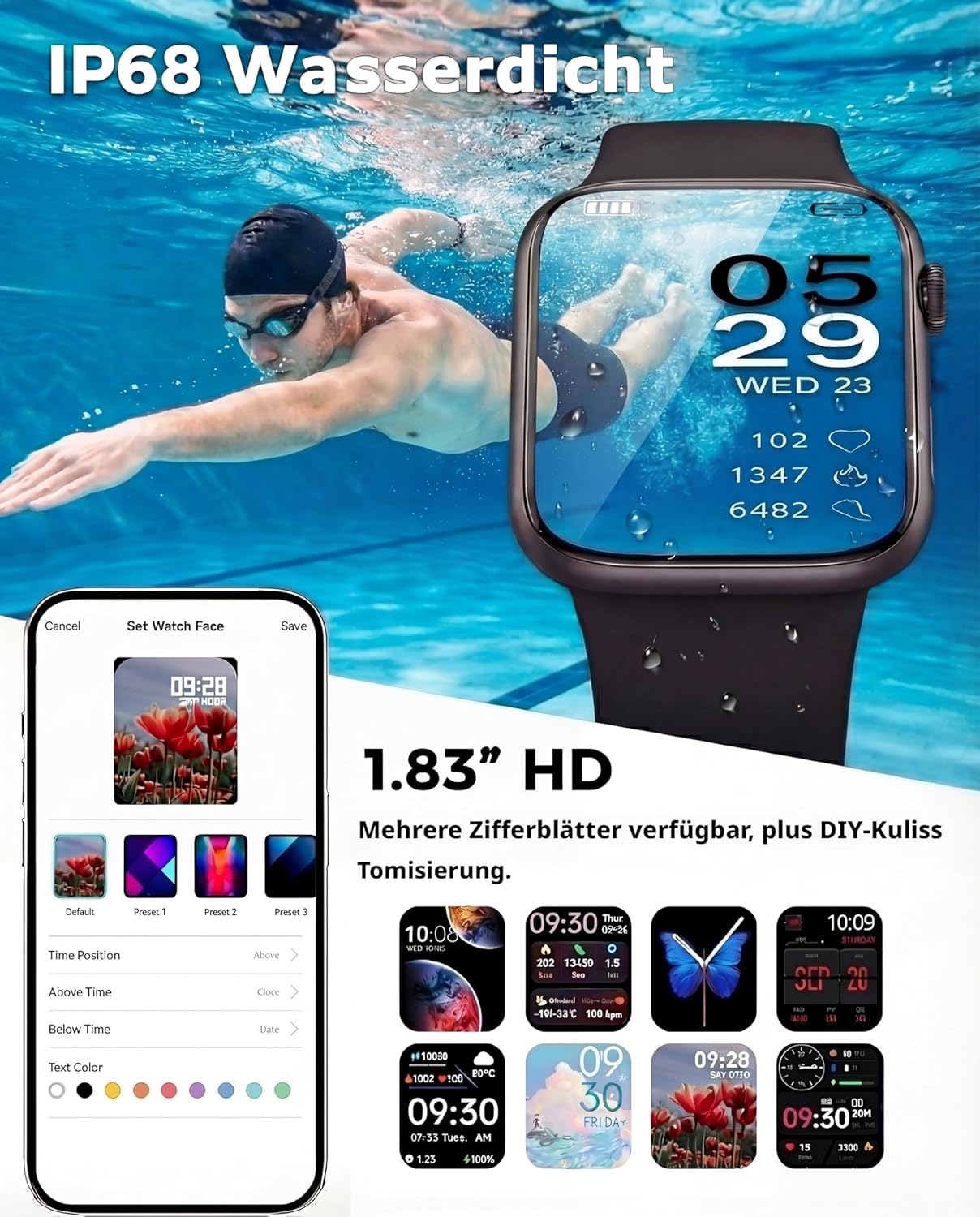 Smartwatch Damen Herren, 1,83 Zoll HD Fitnessuhr & Fitness-Tracker mit Schrittzähler, Blutdruckmessgerät, Herzfrequenzmesser, Telefonfunktion, Schlaf-Tracker, 120+ Sportmodi, IP68 wasserdichter Sport – Bild 7