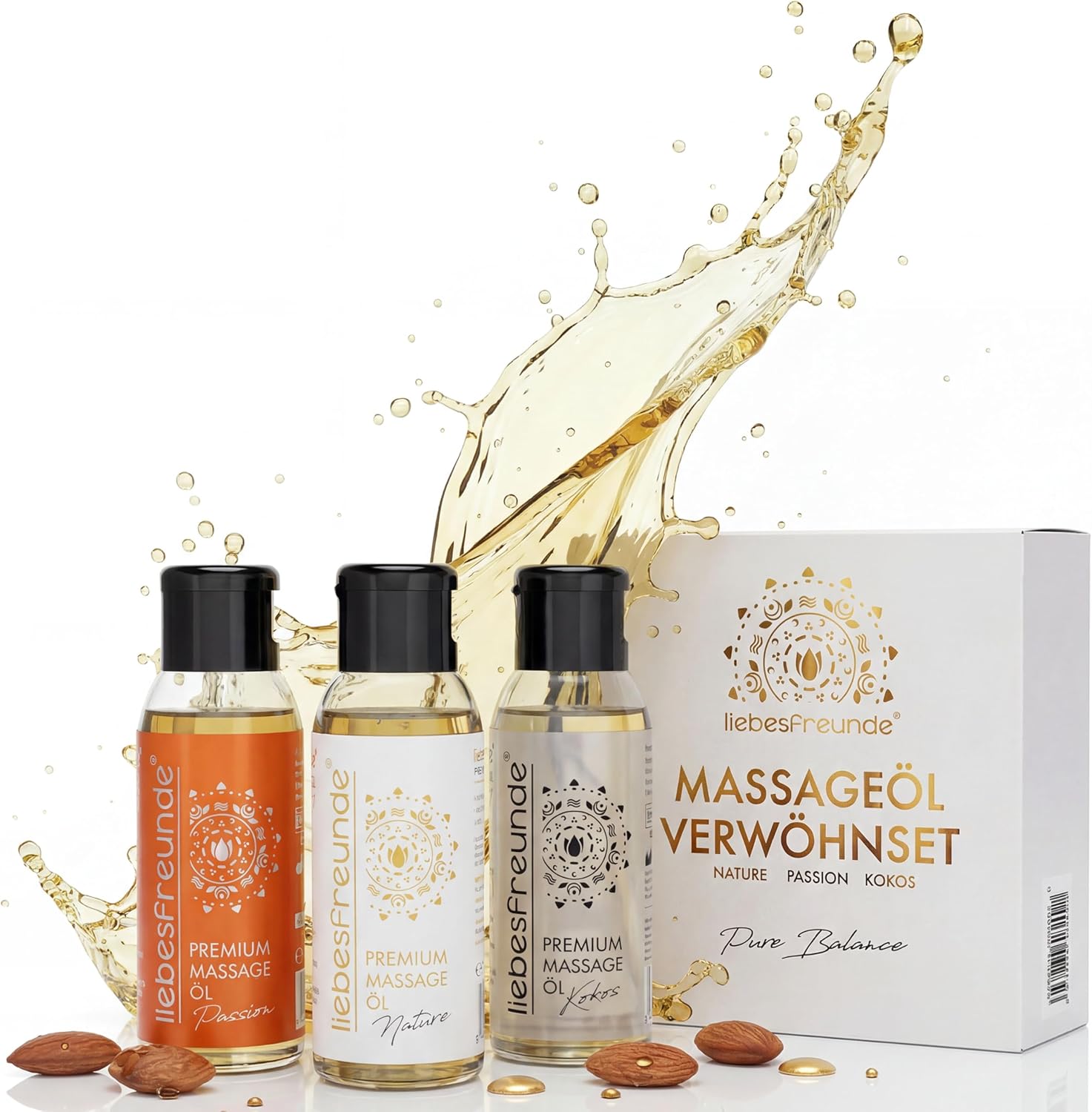 Liebesfreunde Wellness Geschenkset für Damen – 3 x 50 ml Massageöl Geschenkbox für weibliche Dame, Geschenkset, Massageöl Geschenkidee zum Jahrestag, Geburtstag, Valentinstag, Weihnachten