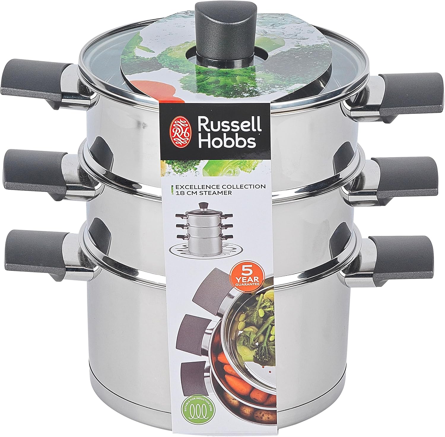 Russell Hobbs RH01170EU Excellence 3-teiliger stapelbarer Dampfgarer – 18 cm Dampfgarer-Set, Glasdeckel, kompakte Induktionspfannen, ideal für die Zubereitung von Eiern, Fleisch, Chargenkochen, Edelstahl – Bild 9