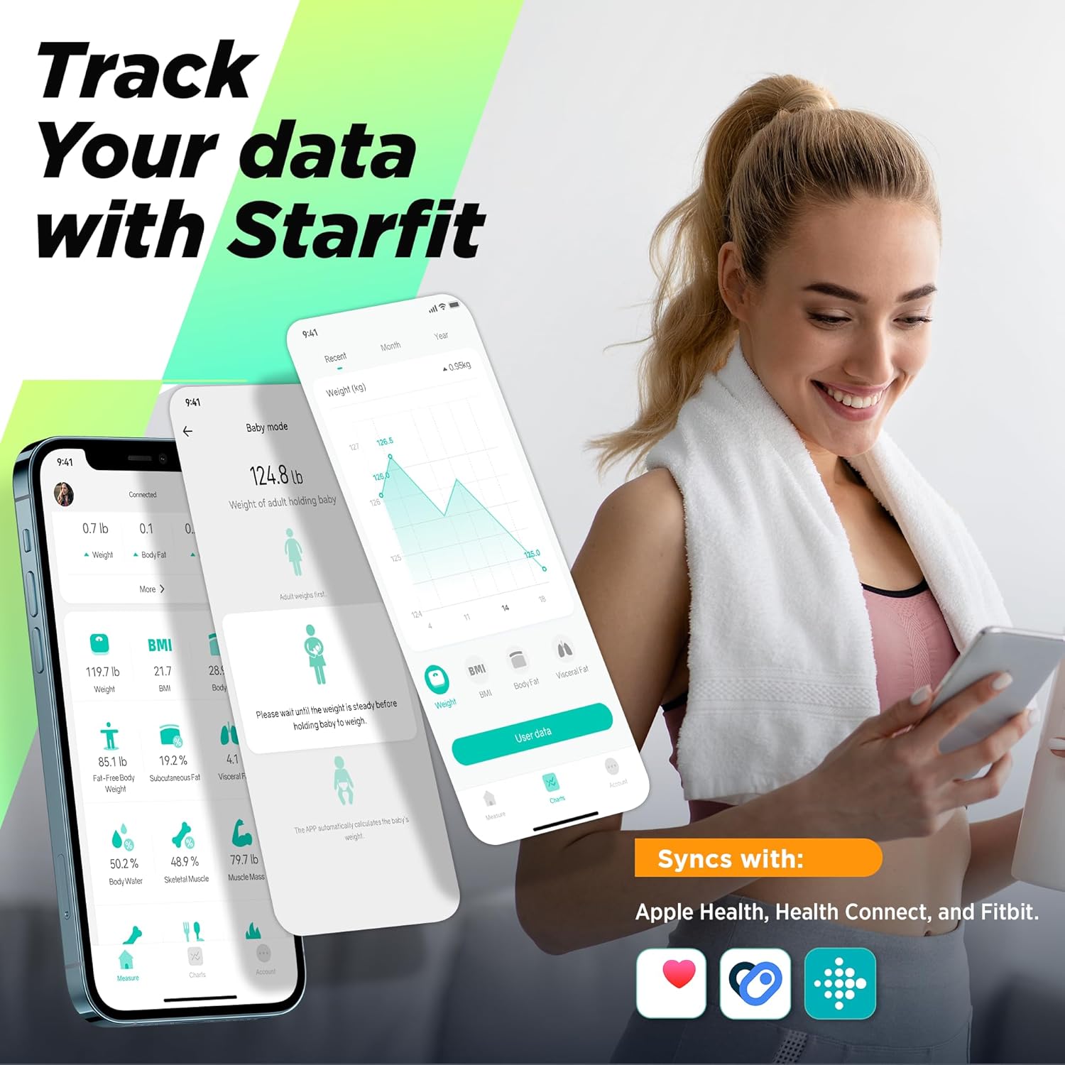 Digitale Körperfettwaage RunSTAR mit großem Display, Analysator für 13 wesentliche Körperwerte mit App-Synchronisierung – Bild 4