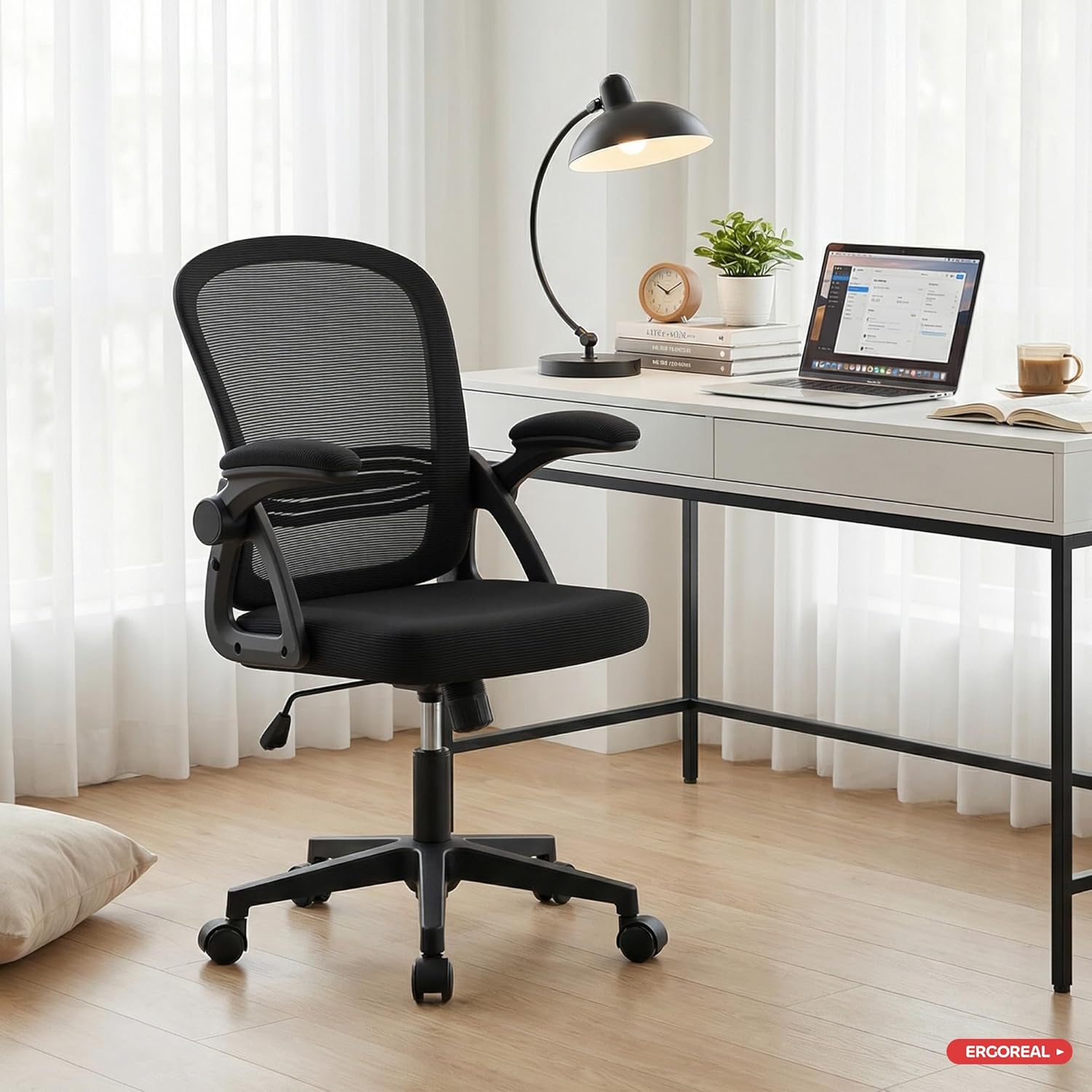25W02 Ergonomischer Bürostuhl, 90-110° verstellbare Rückenlehne & klappbare Armlehnen (90°), Bürostuhl mit Rollen & Höhenverstellung, Heimbüro & Arbeitszimmer (Tiefschwarz) – Bild 9