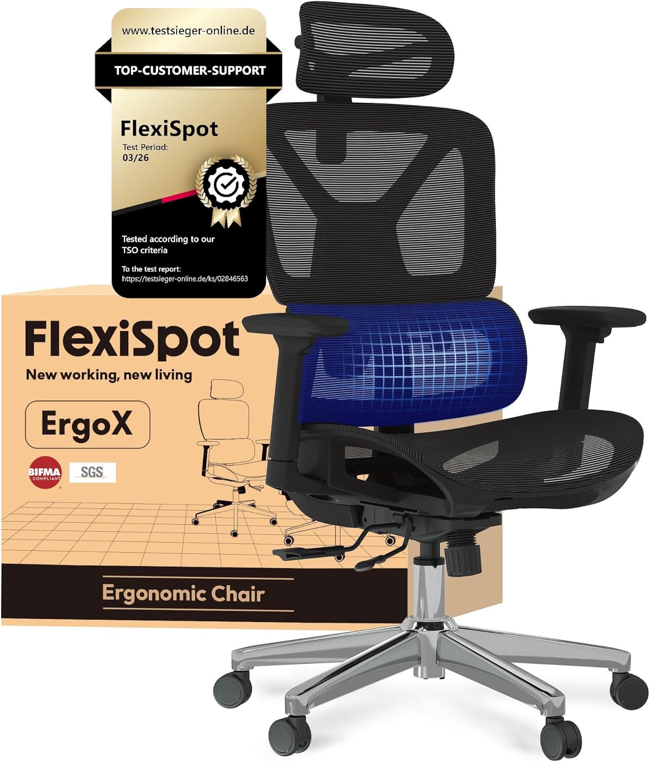 FLEXISPOT ErgoX Ergonomischer Bürostuhl, Schreibtischstuhl, Arbeitsstuhl, 3D-Armlehnen, 3D-Kopfstütze, 5D-verstellbare Rückenlehne, atmungsaktiver Sitz, 136 kg maximale Belastbarkeit, Schwarz