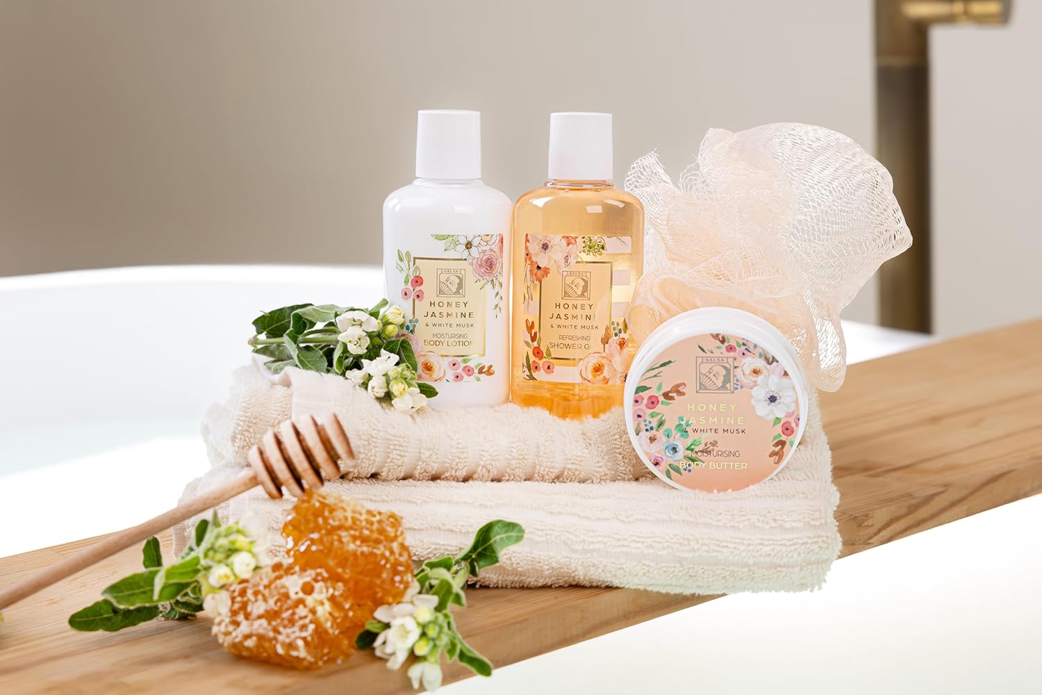 Accentra Honey Jasmine Damen-Duschset in schöner Geschenkbox, 4-teiliges Pflegeset mit Duschgel, Bodylotion, Körperbutter und Mesh-Schwamm, Geschenkset für Geburtstag und Valentinstag – Bild 11