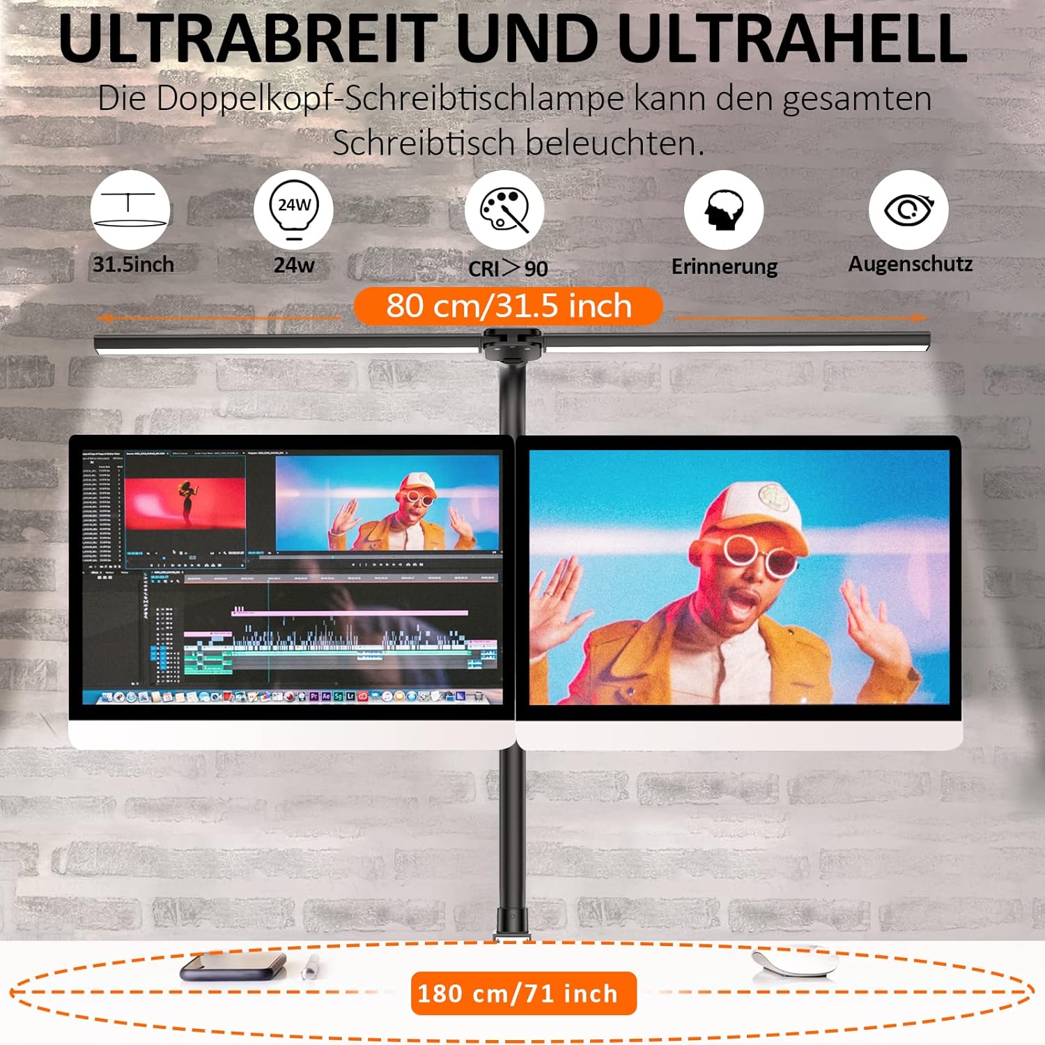 Doppelkopf-Schreibtischlampe LED dimmbar, 24 W 80 cm Schreibtischlampe, klemmbares Heimbüro, Tageslichtlampe Schreibtischlampe, Schwanenhals-Bürotischlampe schwarz, Augenschutz-Monitorlampe – 5 Farbmodi – Bild 3