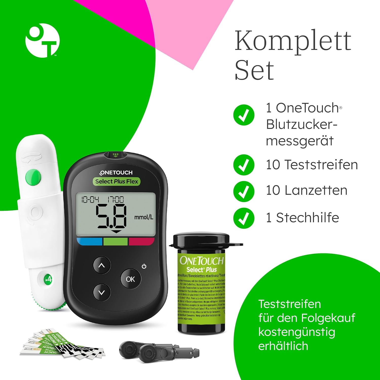 OneTouch Select Plus Flex Blutzuckermessgerät (mmol/L) | 1 Meter, 10 Teststreifen, 1 Stechhilfe, 10 Lanzetten und 1 Etui – Bild 2