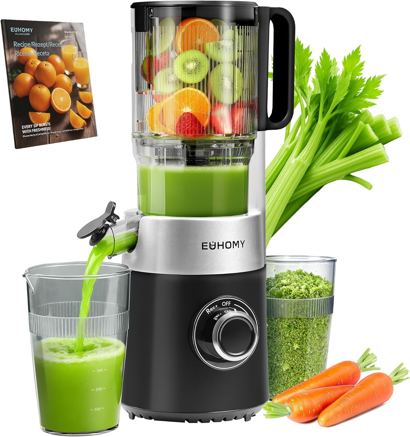 EUHOMY Entsafter, Slow Juicer, Entsafter Gemüse und Obst, Testsieger mit 135 mm Einfüllöffnung, 1,8 l Fassungsvermögen, 2 Tassen, elektrischer Entsafter, Schwarz Silber