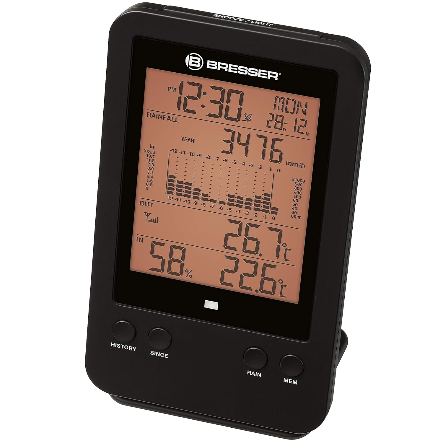 Bresser Wetterstation Funk mit Außensensor Professionelle Regenmessstation mit DCF-Funkuhr, Wecker mit Hintergrundbeleuchtung und Datenspeicherung von Minimal- und Maximalwerten – Bild 2