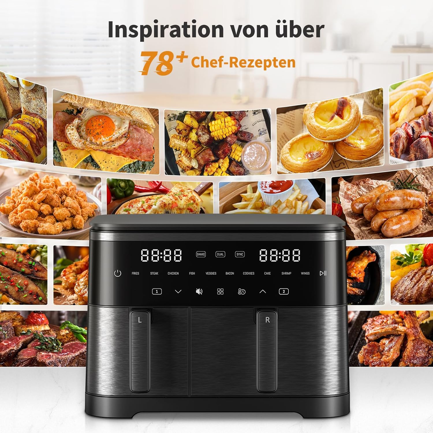 Digitaler Airfryer 11L, Heißluftfritteuse 2 Kammern mit Grillfunktion, 10-in-1, ölfreie Heißluftfritteuse mit Schüttelerinnerung – Bild 5