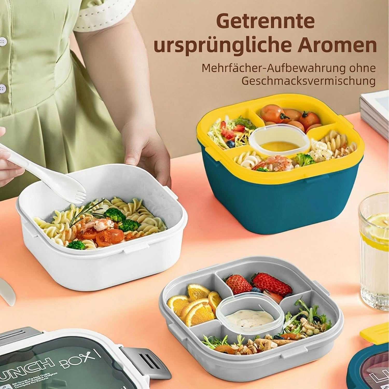 URMONA Salatbox mit Fächern & Besteck, Lunchbox auslaufsicher für Erwachsene & Kinder, Bento Box To Go für Schule, Arbeit, Büro, Lunchbox für Picknick, Reisen, Essenszubereitung (1700 ml, Blau) – Bild 2