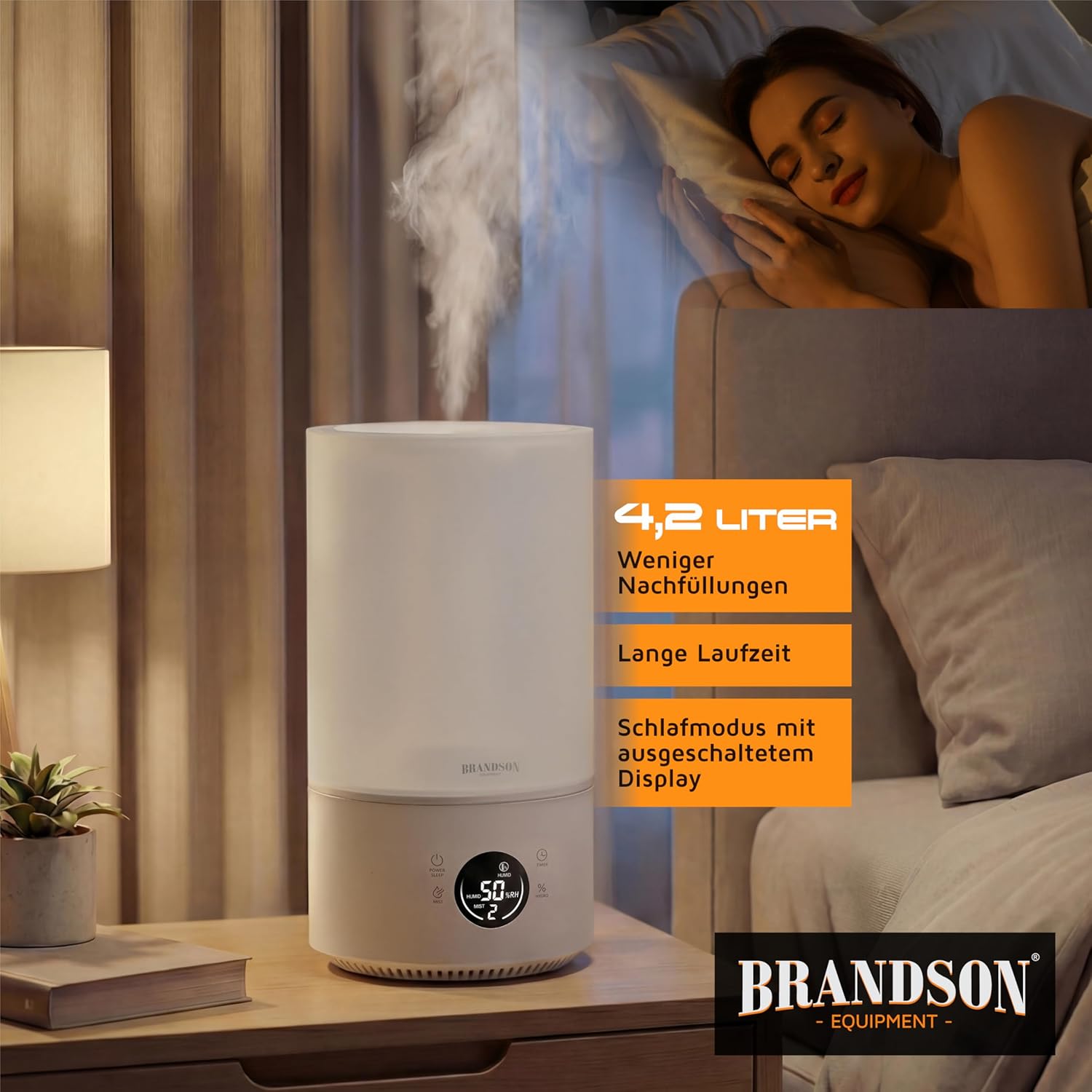 Brandson – Digitaler Luftbefeuchter mit Display – mit Fernbedienung – 4,2 Liter – Timer – 3 Nebelstufen – Schlaffunktion sehr leise – Schlafzimmer, Baby, Kinderzimmer, Büro – Bild 6