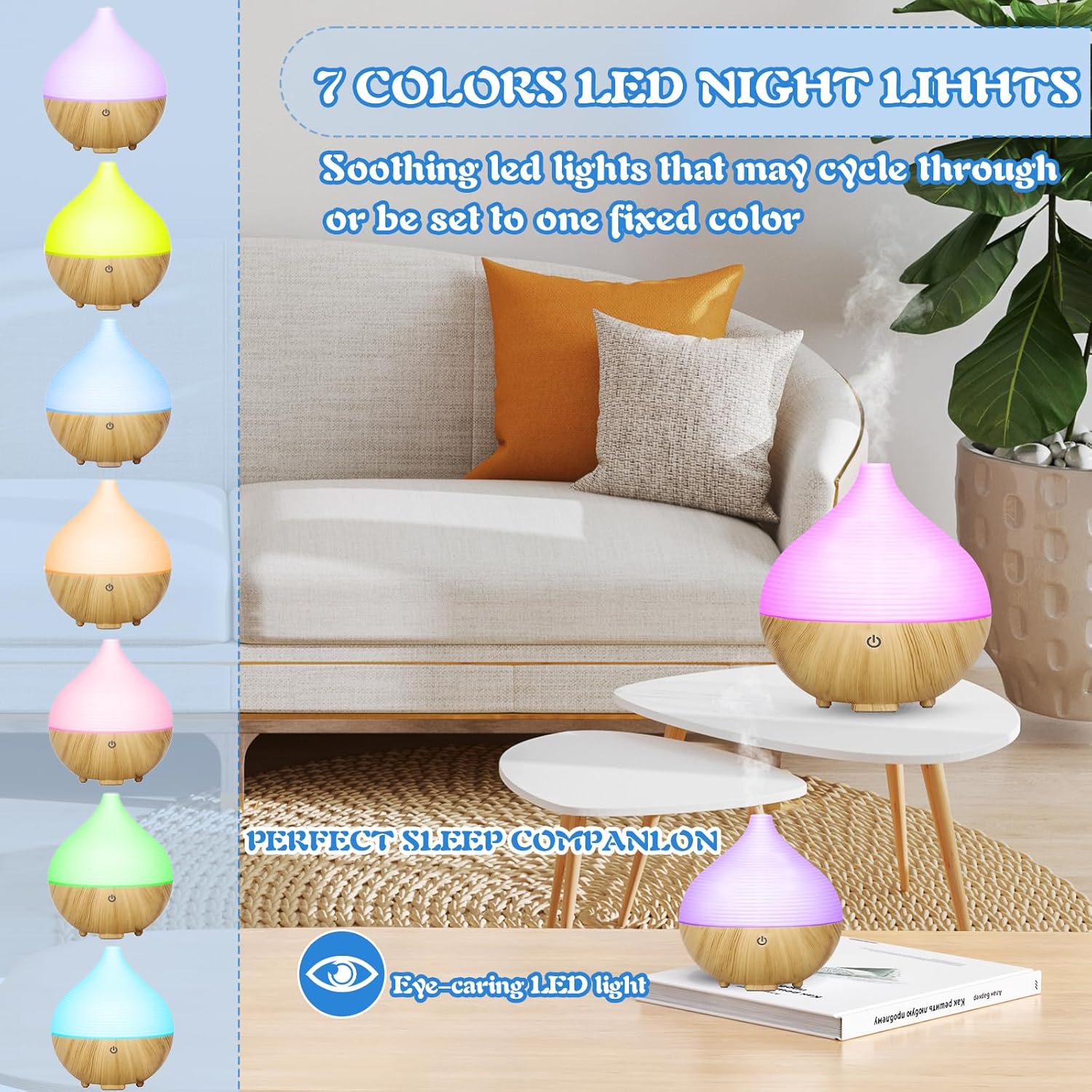 Aromadiffusor, 160 ml, kleiner Ultraschall-Aromatherapie-Diffusor für ätherische Öle, Holzmaserungsdiffusor, automatische Abschaltung bei Wasserlosigkeit, 7 Farben LED für Zuhause, Büro oder – Bild 3