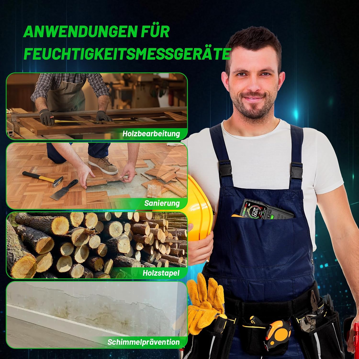 Feuchtigkeitsmesser für Wand und Holz – zerstörungsfreier Feuchtigkeitsmesser und Feuchtigkeitsmesser mit Batterie für Brennholz, Putz, Decke, Boden und Baumaterialien – Bild 7