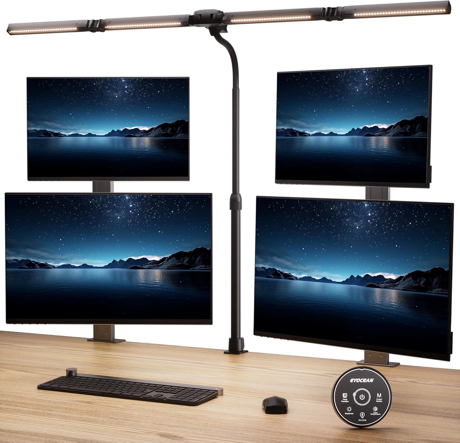 EYOCEAN Schreibtischlampe, 4 Lichtquellen, Teleskopstange mit verstellbarer Höhe, 24 W 100 cm Tageslichtlampe Schreibtisch mit Fernbedienung, dimmbare Monitorlampe, Schwanenhals-Büro-Tischlampe