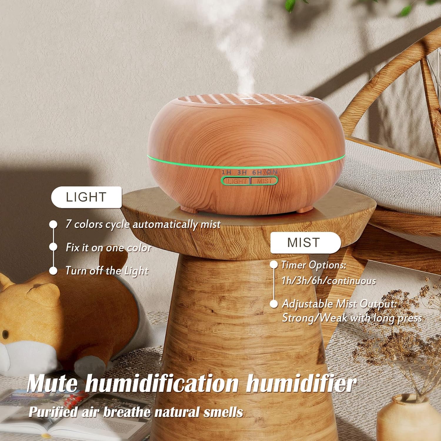 Simpeak Aroma Diffuser 550 ml, Ultraschall-Raumdiffusor Holz für ätherische Öle, Aromatherapie-Düfte, Luftbefeuchter mit Fernbedienung, Hellbraun – Bild 5