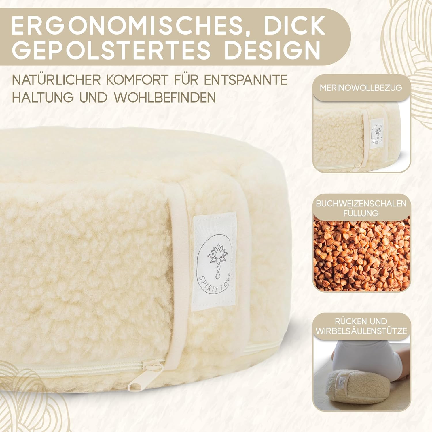 Meditationskissen aus Merino-Schafwolle, Yogakissen mit Bio-Buchweizenfüllung, verstellbare Füllung mit waschbarem Bezug, Sitzkissen perfekt für bequemes Yoga, mit Tragetasche, 35 x 13 cm, natur – Bild 2