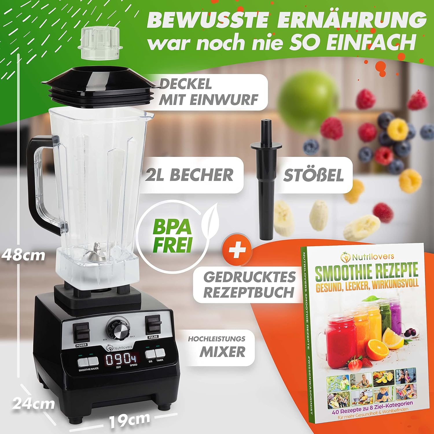 Nutrilovers Nutri Blender Max Hochleistungsmixer 2000 W, Hochleistungs-Smoothie-Maker, Profi-Mixer – 2 l Tritan, BPA-frei, 9 Stufen, digitaler Timer mit Smoothie-Rezeptbuch – Bild 2