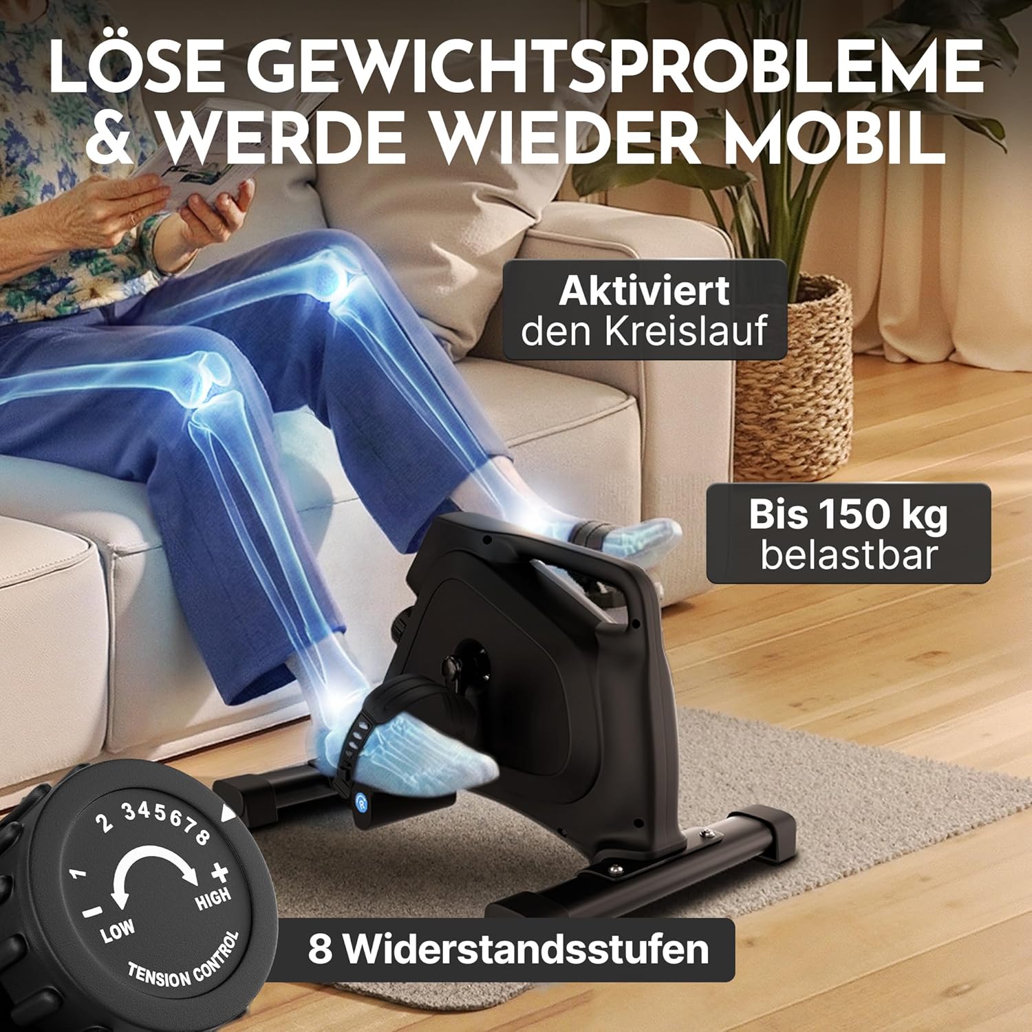 NEOLYMP Pedaltrainer für zu Hause TÜV geprüft – Gelenkschonender Sitz-Beintrainer für Senioren, Widerstandstrainer mit Display, 8 Stufen & Magnetbremse, sicherer Heimtrainer für Senioren – Bild 3