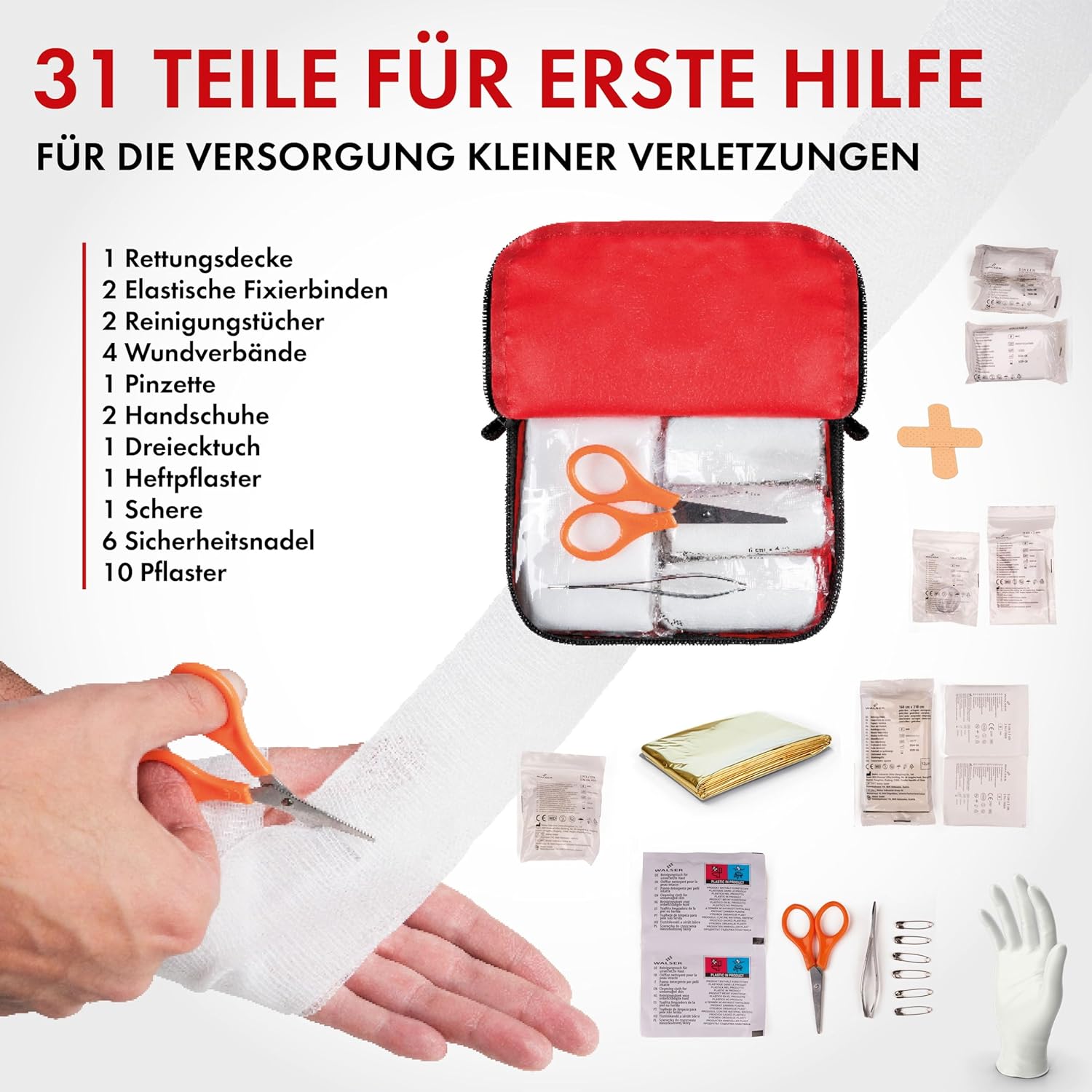 WALSER Premium Mini Erste-Hilfe-Set 2026, wasserdichtes Notfallset Outdoor/Camping/Fahrrad, 31-teiliges Reiseapotheken-Set, kompaktes Erste-Hilfe-Set Outdoor, Mini-Erste-Hilfe-Set 2026, Erste-Hilfe-Set – Bild 5