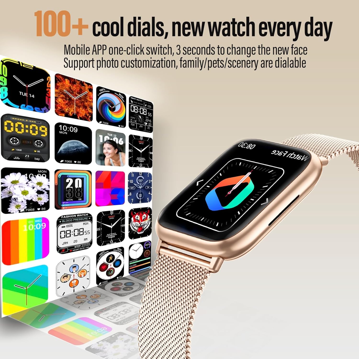 SLOKSFil Damen-Smartwatch mit Telefonfunktion, 3 Armbänder, 1,83 Zoll HD-Fitness-Tracker mit 24-Stunden-Herzfrequenzüberwachung, SpO2-Schlafüberwachung, 120+ Sportmodi, IP68, Schrittzähler, Smartwatch für iOS – Bild 7