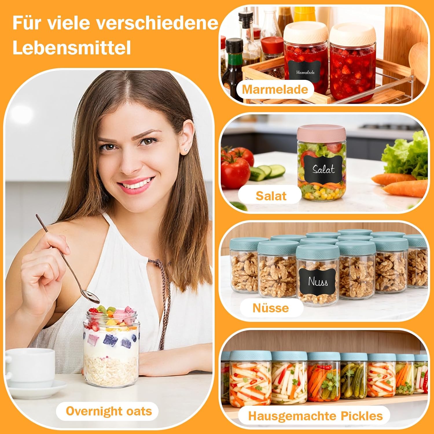 6 x Overnight Oats Gläser, 500 ml Meal Prep Gläser, Einmachgläser mit Schraubdeckel, Gläser mit Deckel sind geeignet für Joghurt, Salat, Marmelade, Müsli und – Bild 7