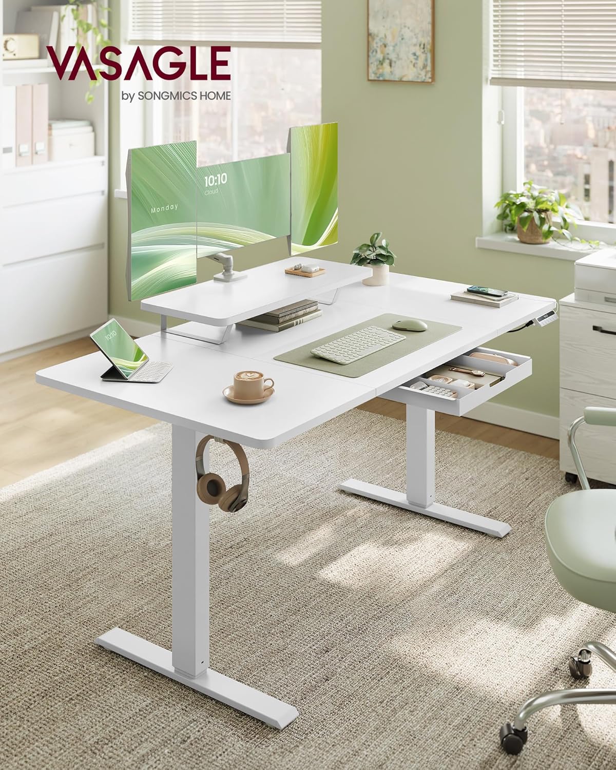 VASAGLE höhenverstellbarer Schreibtisch, 140 x 70 cm, flexible Halterung, Monitorständer, Schublade, USB-C-Anschluss, sitzende Erinnerung, Office Cloud, Weiß LSD154WB01 – Bild 2