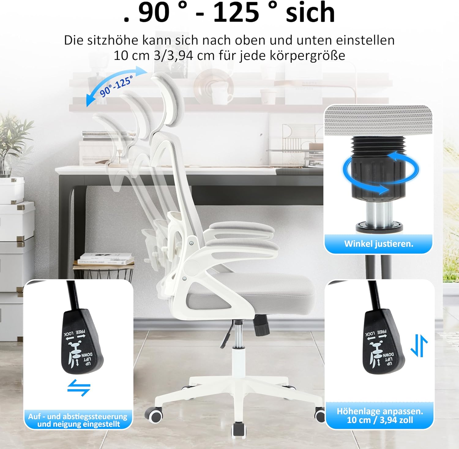 Fizzin Ergonomischer Bürostuhl, grauer Schreibtischstuhl mit verstellbarer Lendenwirbelstütze und Kopfstütze, atmungsaktives Netzgewebe für Heimbüro und professionelle Arbeitsplätze – Bild 6