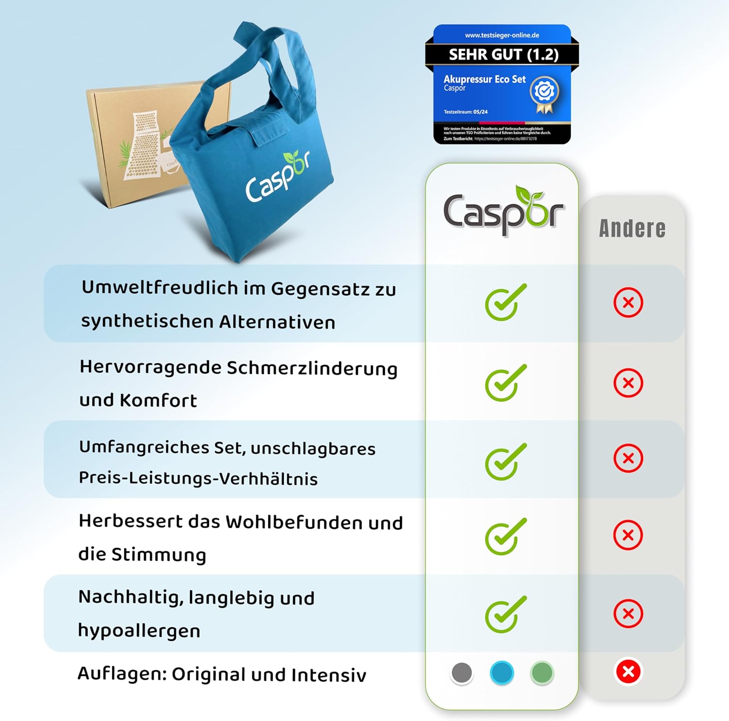 Akupressurmatten-Set mit Kissen (Intensiv), Tasche, Massagehandschuhen, Akupunkturmatte aus Leinen mit Kokosfasern, Akupressurmatte hilft bei Verspannungen, Rückenschmerzen Caspor – Bild 6