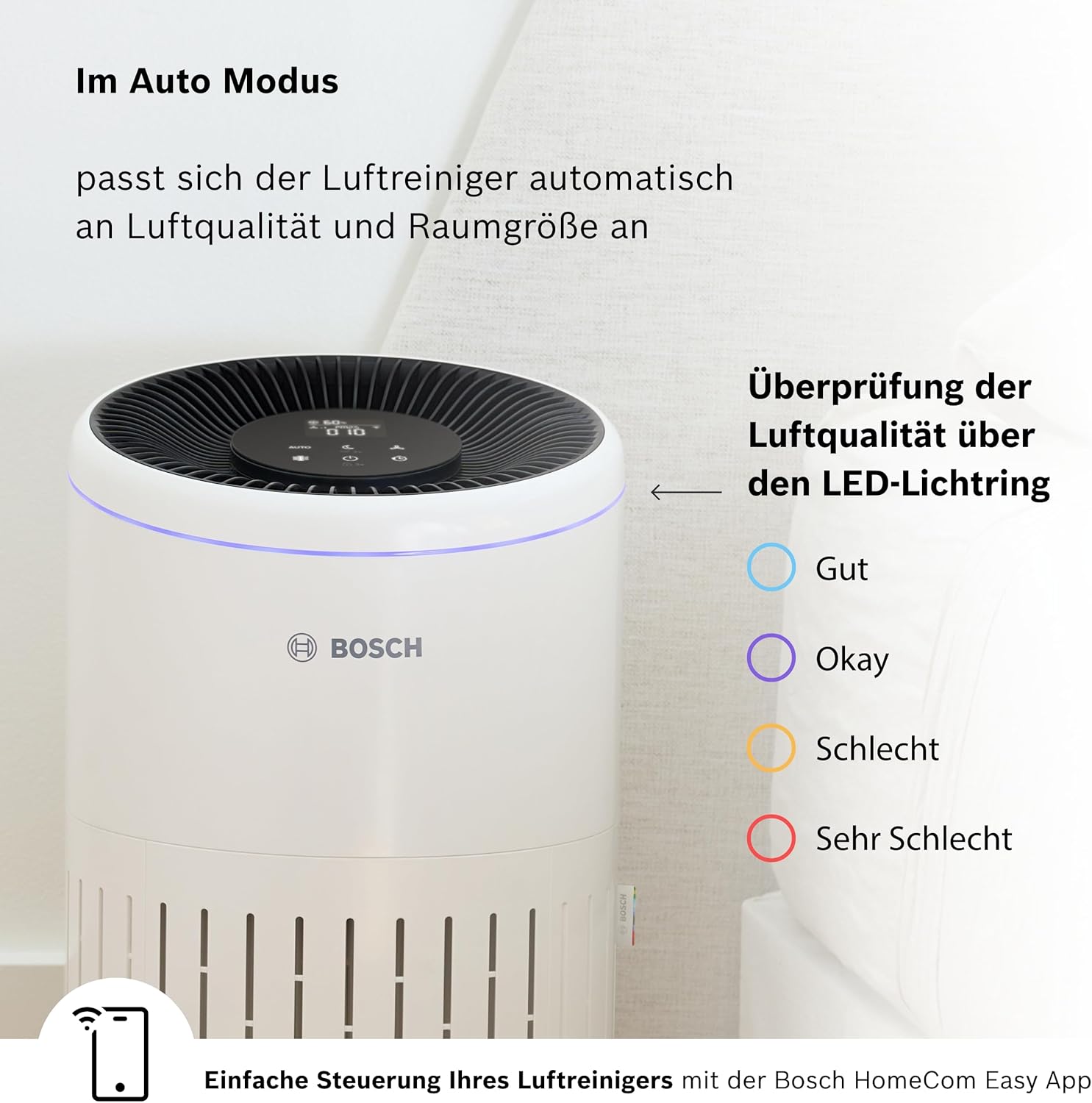 Bosch Air 4000i App-gesteuerter Luftreiniger – Für Räume bis 62,5 m² – Entfernt Schadstoffe – Mit 3-in-1-Luftfilter, Smart Sensor, Automatikmodus, Schlafmodus (< 25 dB(A)) – CADR: 300 m³/h – Bild 5