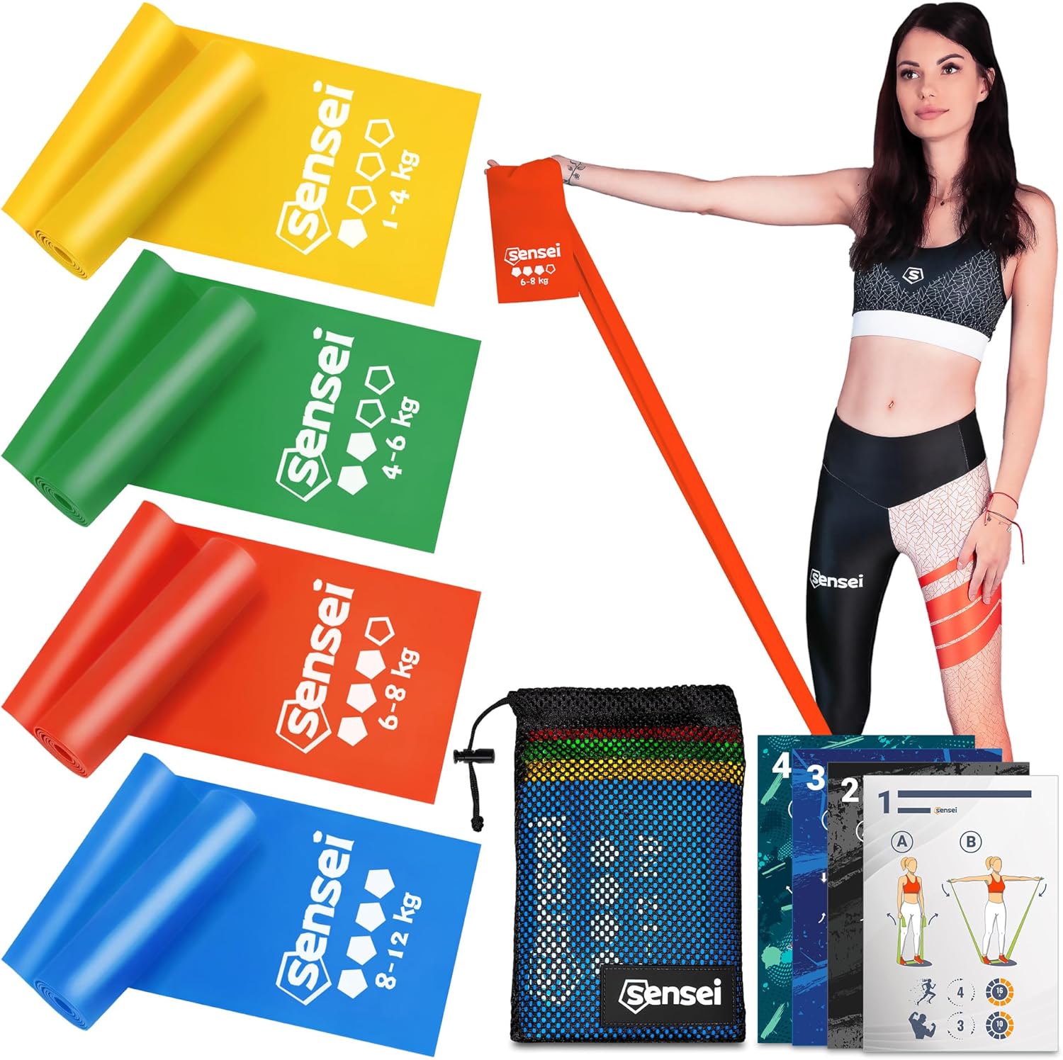 SENSEI® Gymnastikbänder & Fitnessbänder (200 cm) – Extra lange Widerstandsbänder aus 100 % Naturlatex – Ideal für Physiotherapie, Pilates, Yoga & Krafttraining – Inklusive E-Book
