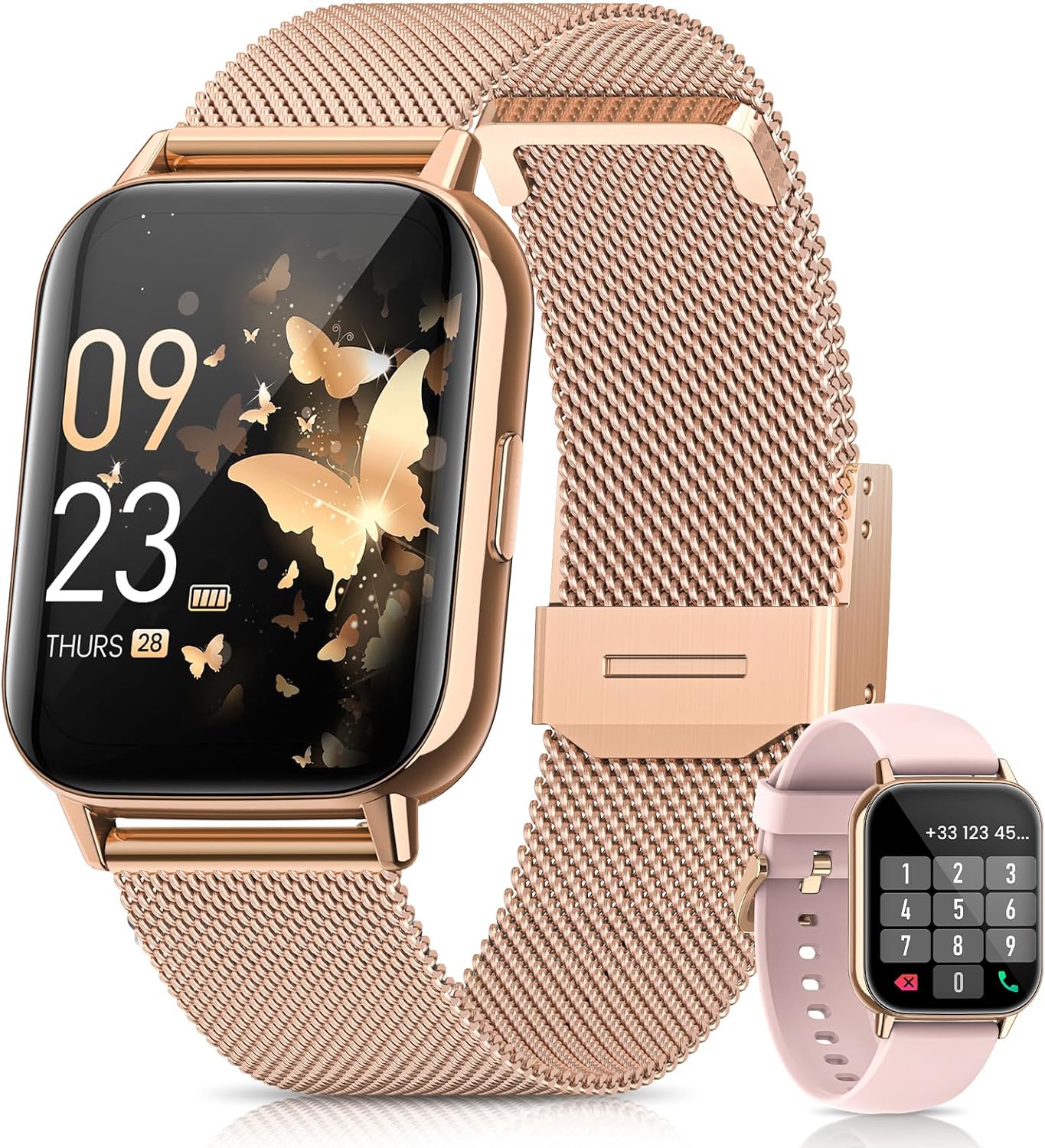 2026 Damen Smartwatch 1,85 Zoll AMOLED Fitness Tracker mit Telefonfunktion Menstruationszyklus Herzfrequenz Schlafmonitor SpO2 113+ Sportmodi Sportuhr 5ATM Schrittzähler Kalorien iOS Android Roségold