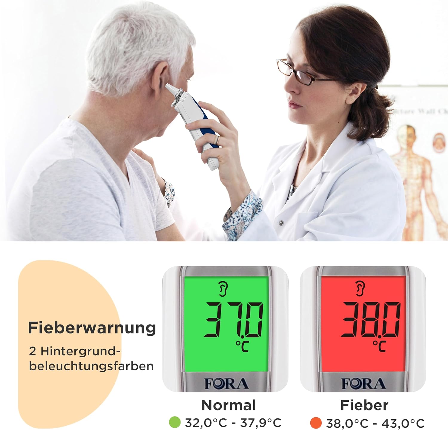 FORA IR20C Infrarot-Ohrthermometer in medizinischer Qualität mit 16 Einweg-Schutzkappen, kleiner Eisenkopf, langlebig, leicht zu reinigen – Bild 5