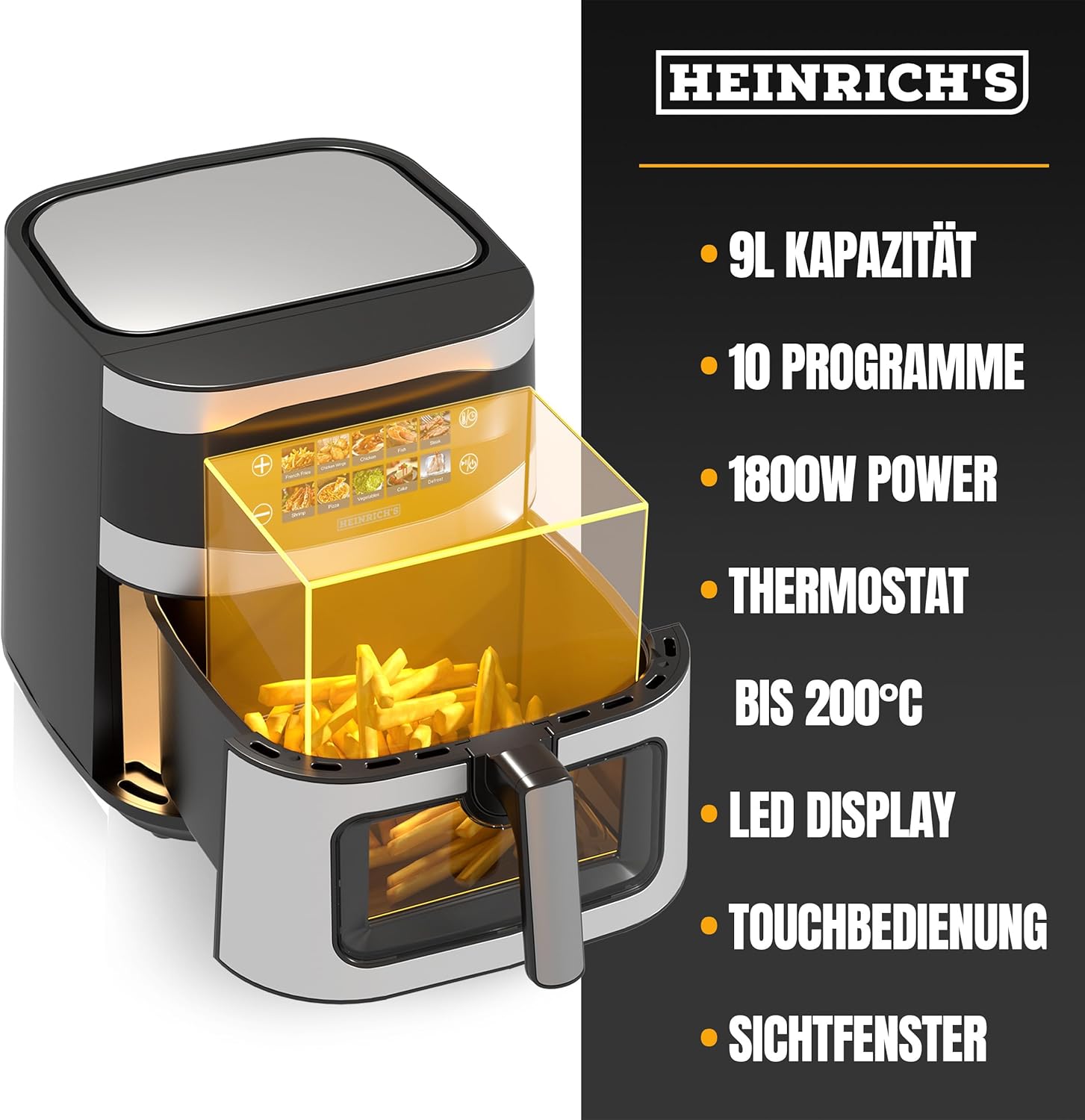 HEINRICHS Heißluftfritteuse, 9 Liter XXL-Luftfritteuse, 10-in-1-Heißluftfritteuse, LED-Display mit Sensor-Touch-Steuerung, fettfreie Zubereitung, inklusive Timer, platzsparend, spülmaschinenfester Korb, 1800 W – Bild 4