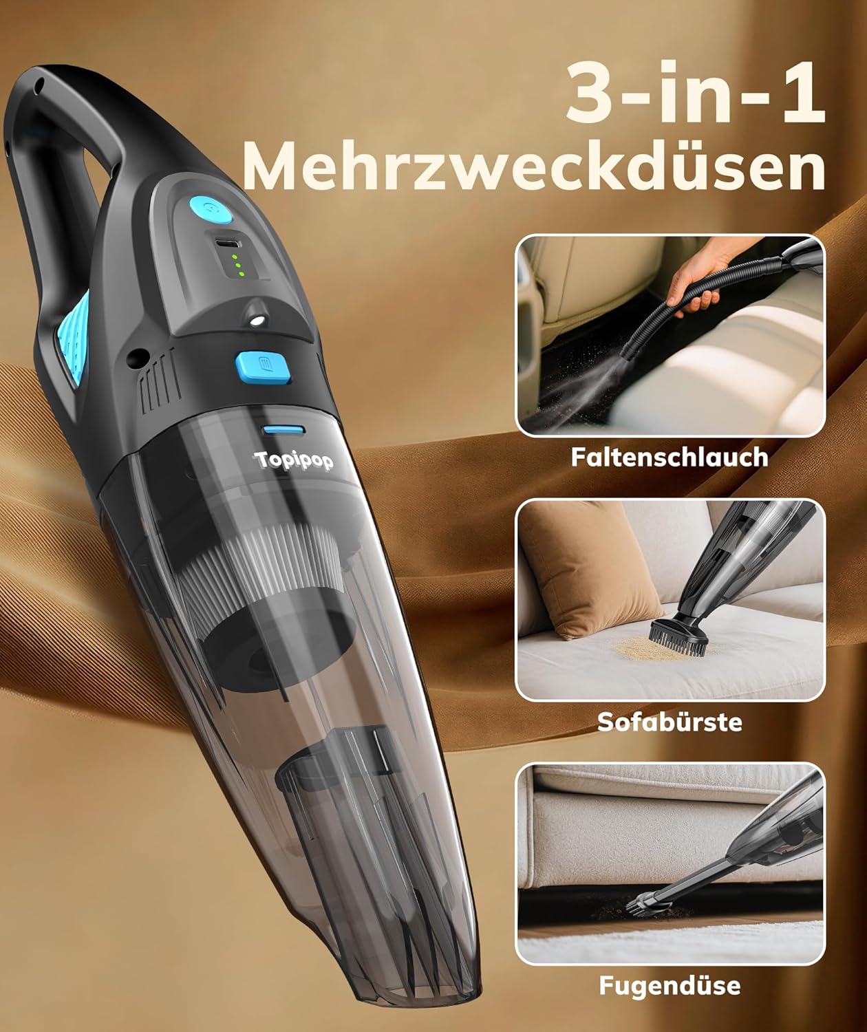Topipop Handstaubsauger Akku mit 25000 Pa starker Saugleistung, kabelloser Staubsauger mit HEPA-Filter & Aufsätzen – leichter Autostaubsauger für Tierhaare, Teppich, Zuhause, Büro, Küche (schwarz) – Bild 6