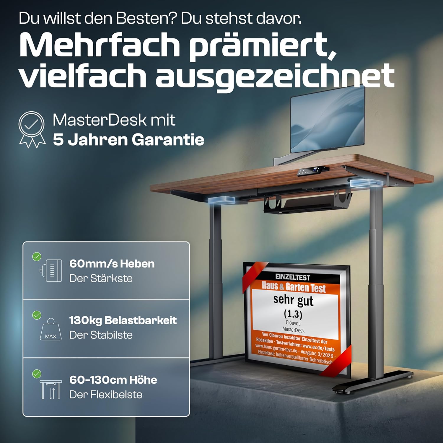 CLOUVOU MasterDesk höhenverstellbarer elektrischer Schreibtisch 160 x 80 cm (Testsieger). Dualmotorischer Schreibtisch, höhenverstellbarer elektrischer Schreibtisch mit Speicher, 2 x USB und Kabelversteck – Bild 2