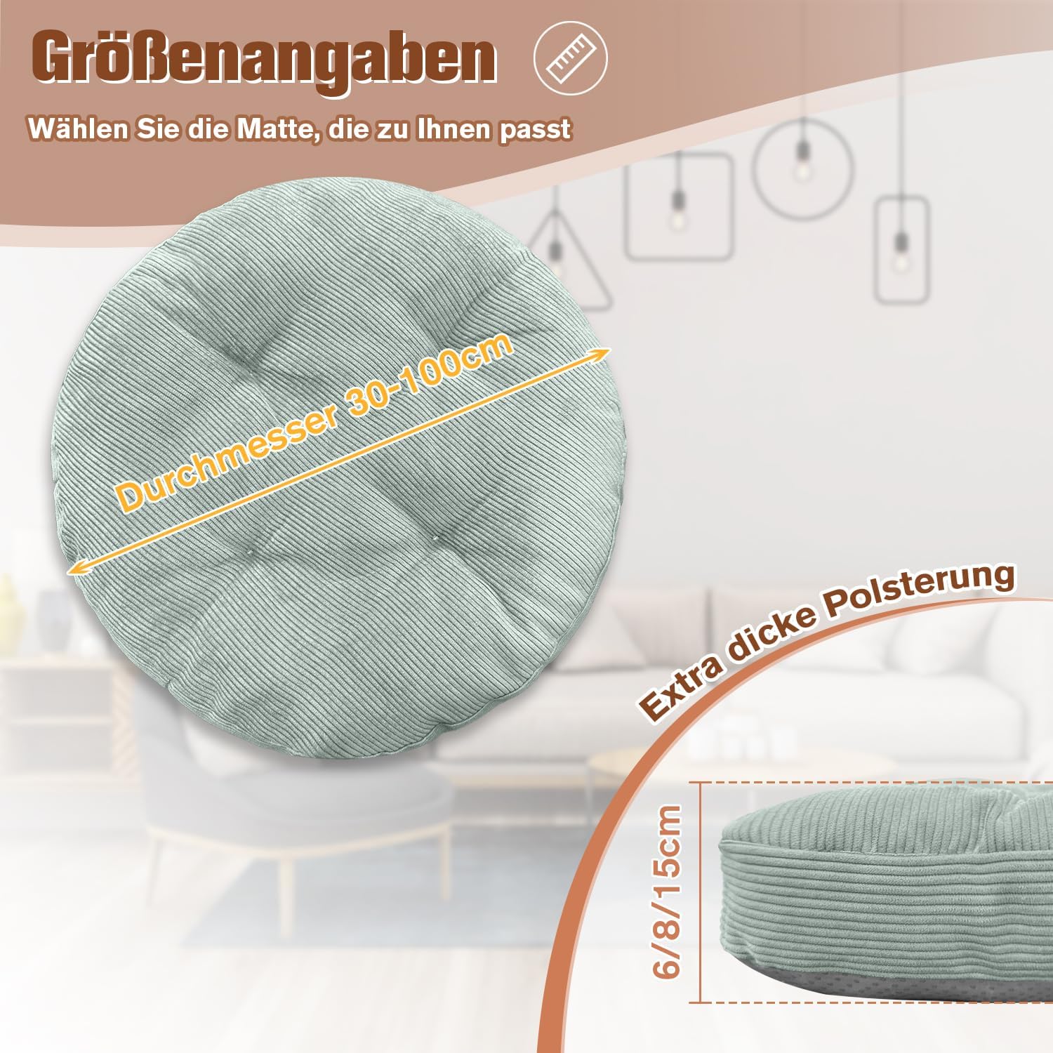 Sitzkissen rund 30 cm, Dicke 6 cm, 1 Stück, Bodenkissen, rundes Sitzkissen, Stuhlkissen, Kissen für Wohnzimmer, Büro, Konferenzraum, Cordstoff (Mintgrün) – Bild 5