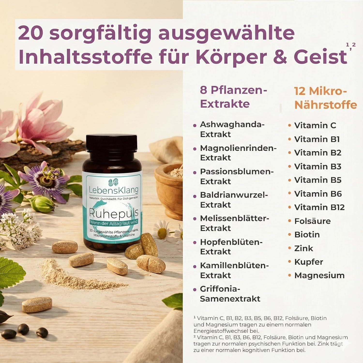 Ruhepuls – Innerer Frieden für Ihr Nervensystem¹ | Ashwagandha-Komplex | Harmonie-Balance | Entspannung | Gute Laune | Ashwaganda, Passionsblume & mehr | Nervenfutter-Geschenk – 30 Tabletten – Bild 7