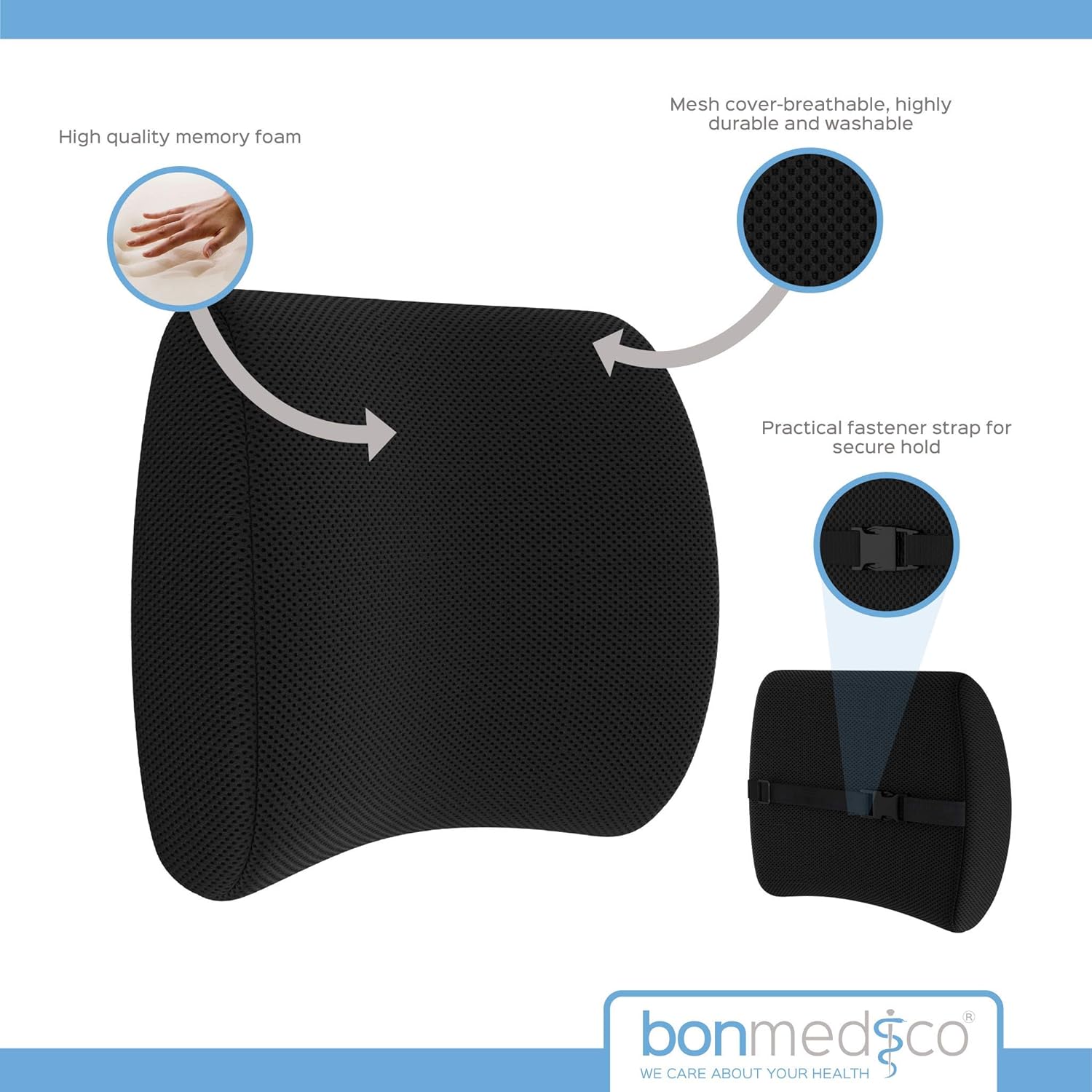 bonmedico Bürostuhlkissen – Memory Foam Lendenkissen für Büro, Auto & Zuhause, ergonomische Rückenstütze, XS, Schwarz, Lendenwirbelstütze – Bild 5